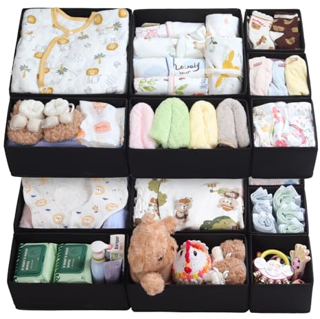 ORLISA Black Drawer Organiser for MALM Drawers, Fabric Clothes Storage Organiser 14 Pack, Foldable Dividers for Underwear Socks Bras, 3 Size Set Drawer Boxes