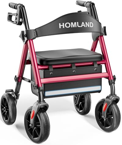 HOMLAND Rollator Walker for Seniors with Seat, Foldable Lightweight Aluminum Rolling Walker with 8 All-Terrain Wheels, Adjustable Height, Storage Bag & Hand Brakes, Ergonomic Indoor Outdoor Aid
