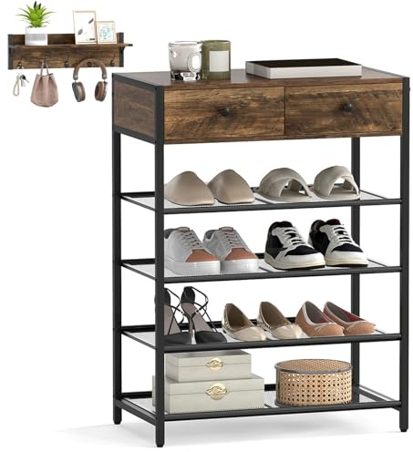 Giantex 5-Tier Shoe Rack Set, Shoe Storage Organizer with Coat Rack, Metal Shoe Stand Set with Wall-Mounted Coat Hanger, Shoe Storage Shelf with Hooks & Drawers, Entryway Furniture