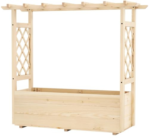 TANGZON Raised Garden Bed with Trellis, Freestanding Solid Pine Wood Planter with Drainage Gap, Outdoor Elevated Trough Planting Support Box for Vine Climbing Plant Flower (Natural, 115 x 40 x 103 cm)