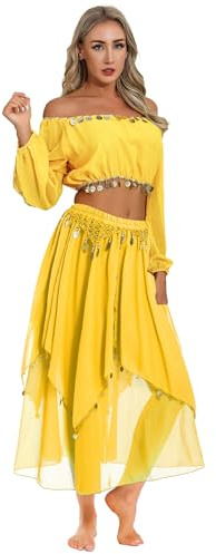 Yruioon Ensemble De Costume De Danse du Ventre pour Femmes Haut Court À Manches Longues avec Jupe en Mousseline Robe Danse du Ventre Tenue Danseuse Orientale Jaune Taille Unique