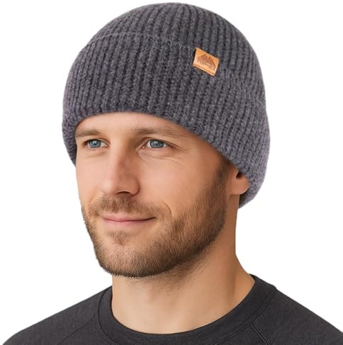 TOP-EX Gorro de lana merino M-XL con puños para hombre y mujer con forro polar, sombreros térmicos de invierno, gorro de punto de lana suave, gorro de esquí y correr, gris, L/XL