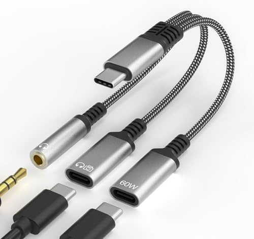 USB C Auf Klinke Adapter und Laden - 60W PD Schnellladung, 3,5 mm & USB-C Audio Ausgang, Kompatibel mit iPhone 17 16 15 Plus Pro Max, iPad Pro Air Mini, Samsung S25 S24 S23 S22 S21 S20 Ultra usw