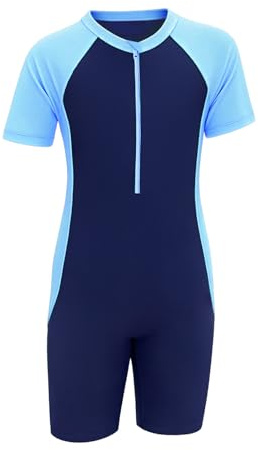 viiotu Kids Swimming Costume for Girls Boys, One Piece Short Sleeve Swim Suit Kid, UPF 50+ Sun Protection Kids Swimwear Bathing Suits Zipper 3-13Y (UK, Age, 4 Years, 6 Years, Regular, Blue)