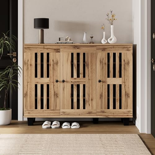 VIVCA Armario lateral, 120 x 32 x 92 cm, mesa auxiliar para sala de estar, aparador, armario ancho de 3 puertas, 8 estantes divididos. Adecuado para sala de estar, dormitorio, oficina y entrada
