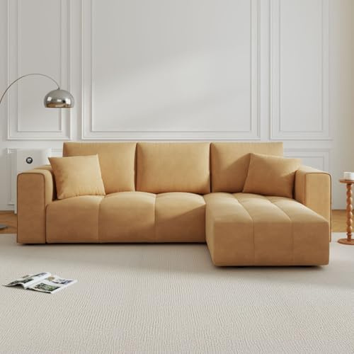 CONCEPT USINE | Canapé d’Angle 4 Places Convertible Modulable Brighton | Méridienne Réversible avec Coffre | Velours Jaune | Coussins Déhoussables | Confort Ferme | Dimensions 250x146 cm
