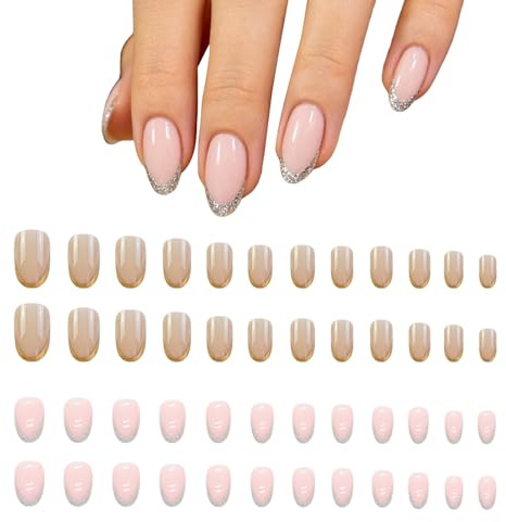 48 stycken franska mandelspikar med gyllene och silverkanter, inklusive verktygsset, bärbar nagelplåster, snabb nagelstyling, återanvändbar.