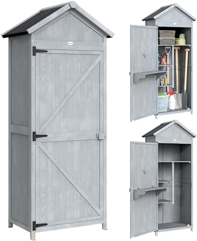 Outsunny Armario de jardín de madera de abeto, casita de herramientas de jardín con banco de trabajo abatible, estantes, techo inclinado de asfalto, cobertizo para herramientas para exterior, 77 x