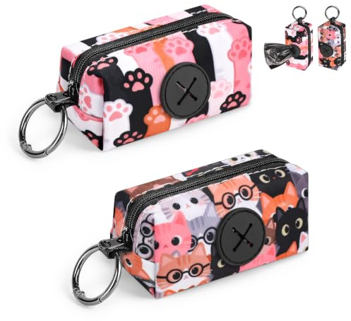 2 Ps Distributeur Sac a Crottes Chien Porte Sac a Caca pour Chien en Canvas Sac Dejection Canine avec Anneau Métallique Support de Sac Crottes Canines pour Marche Randonnée Promenade(Chat-Colore)