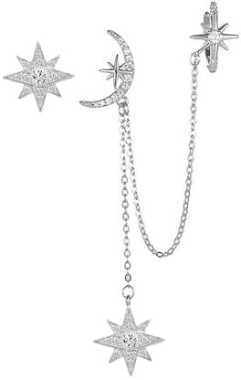Asymmetric Moon Star CZ Ear Cuff Wrap Clip On 925 Sterling Silver Stud Long Chain Climbers Crawler Tassel Dangle Drop Cartilage Hoop Earrings for Women Fashion Hypoallergenic Gifts Bff (Silver)