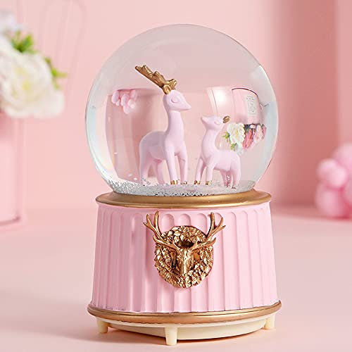 Musical Snow Globe Light Up Crystal Ball Music Box Automatic Snowfall Elk Illuminated Snow Globe Desktop Ornament Christmas New Year Valentine's Day Birthday Gift for Kids Girls Children Adults
