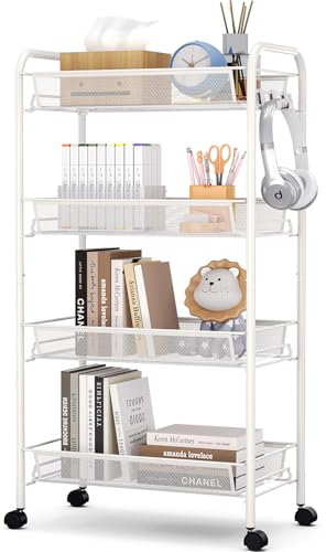 APEXCHASER 4-Tier Rolling Cart,Easy Assemble Mobile Storage Trolley On Wheels,Slide Out Utility Cart Shelving Units Kitchen Bathroom Laundry Room,White