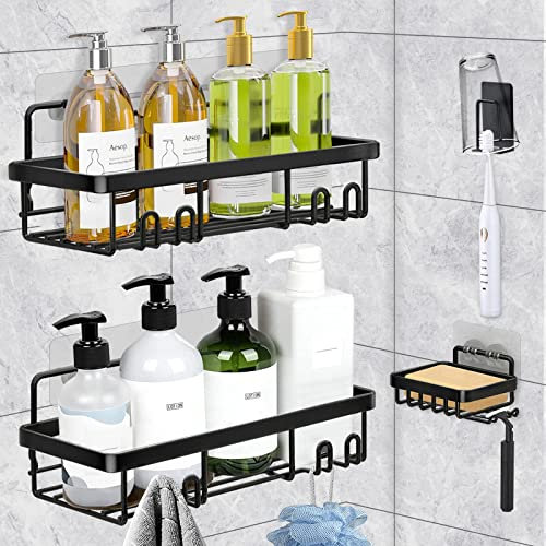 Multper Duschablage, Duschablage Ohne Bohren, 4er Set Duschregal Schwarz Mit Seifenschale & 8 Haken, Duschregal Edelstahl Fur Badezimmer Kuche, Duschkorb Schampoo Halterung Mit 4 Klebstoff