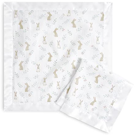 aden + anais blushing bunnies Security Blanket - Pack of 2 | Square Soft & Breathable 100% Cotton Muslin with Satin Trim Throw | Unisex Shower Gift Set for Baby Girls & Boys | Newborn & Infant