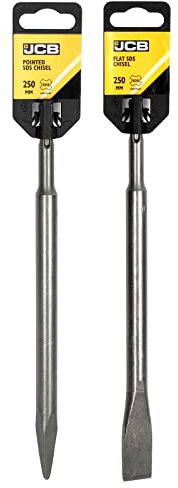 JCB - 250mm SDS Pointed Chisel with SDS Fitting, 250mm SDS Flat Chisel with SDS Fitting & Rotary Stop Feature, Compatible with Most Corded or Cordless Power Drills - Universal Fit