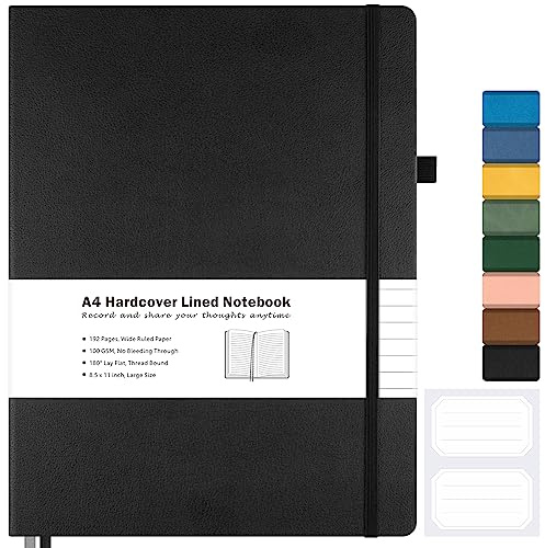 Lined Journal Notebook, 8.5 x 11 Hardcover Leather Notebook for Work, Wide Ruled Notebook Journal for Women Men, 192 Thick Paper, Lay Flat, 2 Pockets, A4 Large Journals for Writing, Black Notebook