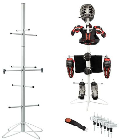 Ceaz Hockey Equipment Drying Rack - Metal Tree Dryer Stand Organizer - to Dry and Store Adult and Child Sports Gear - Includes Skate Sharpening Tool and 6 Hanging Clips