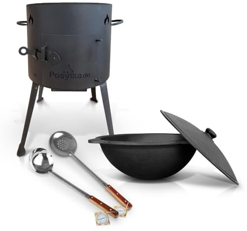Utschak - Hornillo de hierro fundido con tapa (10 L) KazanoFF, Учаг, exterior, brasero, camping, kazán, cañón de goulash, horno holandés (Set 3)