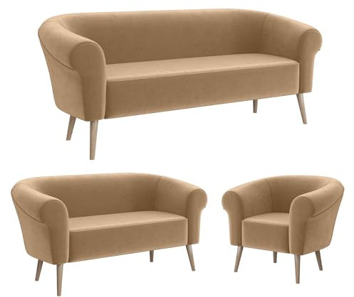 MEBLINI Mini Sofa Set 3-2-1 für Wohnzimmer - Mini Lounge für sechs Personen - Küchensofa - Sofa Klein - Sitzgarnitur - Polstergarnitur - Sofagarnituren - Emilia - 3+2+1 - Beige Samt