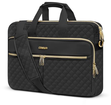 MOSISO Laptopväska, laptopväska, axelväska, dam, portfölj, handväska, kvadratisk quiltad laptopväska, axelväska, kontor, resor, affärer med 3 fickor och remmar