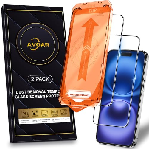 AVOAR 2 Pack for iPhone 16 Screen Protector, [Automatic Dust Removal] [Drop Protection] 9H Full Screen Tempered Glass for iPhone 16 6.1 Bubble Free, Scratch Resistant, Case Friendly