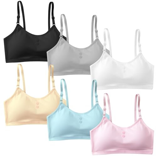 FIRITHYC Mädchen gepolsterte Training BHS, 5Packs Teen Mädchen dünne Baumwolle atmungsaktiv Sport-BH passen für 10-16 Jahre Draht frei Push-up-BH Laufen (6 Packs Style A)