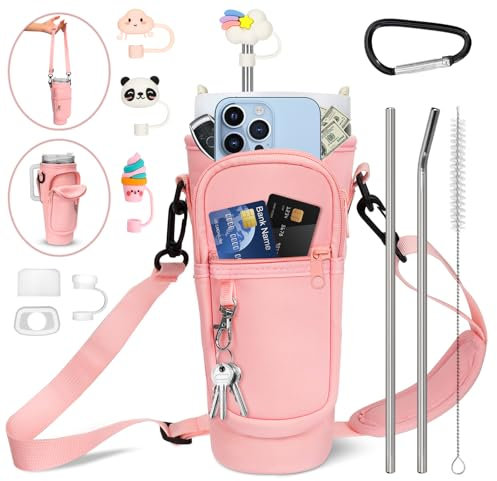 Bolsa Porta Botella de Agua para Stanley Cup 40 oz, Botella de Agua Bolsa de Transporte con Accesorios de Paja, Accesorios a Prueba de Fugas y Mosquetón, Soporte para Botella de Agua para Viajes