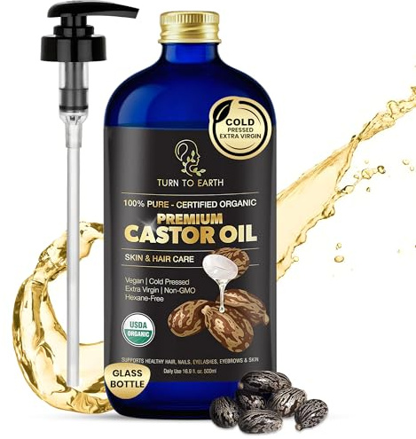 TURN TO EARTH Organic Castor Oil, Cold Pressed, Glass Bottle, Certified Organic Premium By The Usda, Unrefined, Hexane Free, For Hair Growth, Radiant Skin, Eyebrows,