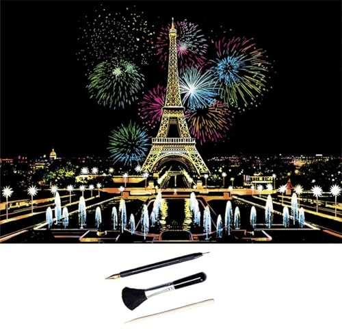 ShipeeKin Images à gratter 405 x 285mm A3 Landmark Mural Scratch Art Papier à gratter coloré pour Enfants avec Ensemble d’Outils (Paris avec Feux d’Artifice)