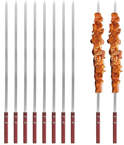 8 Pièces Brochettes pour Barbecue, Brochettes Plates Inox, Manche en Bois, Pic Brochette Réutilisable pour Viande, Légumes, Crevettes, Grillades, Jardin, Camping, Pique-nique (60cm)