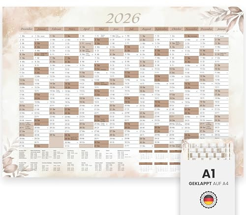 Calendario anual XXL 2026 + enero de 2027 en A1 en diseño beige con vacaciones y días festivos, calendario de pared, calendario plegado para familia, oficina, escuela, planificación, organización