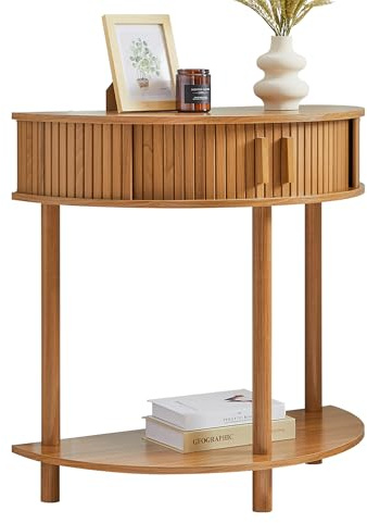 Entryway Table, Half Moon Fluted Console Tables with Storage, Mid Century Modern Small Half Round Sofa Tables for Hallway, Narrow Curved Accent Decor Table for Living Room (Mid-Century Modern, Walnut)