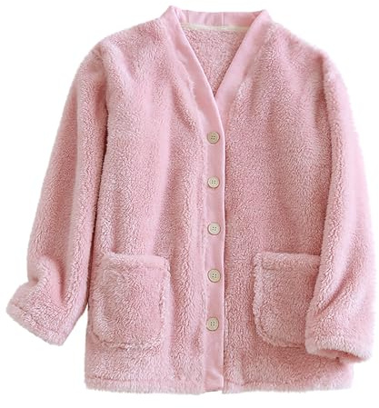 Wyongtao Veste Polaire Femme Manteau D'Intérieur En Peluche Épaissir Manteau Femme Hiver Chaud Boutons Hauts De Pyjama Col En V Unie Blouson Décontractée Doux Ample Top Cachemire Thermique