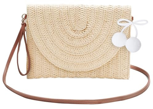MLPKOI Pochette in Paglia Donna Clutch, Borsa a Tracolla, Borsa Donna Elegante, Borse di Paglia Donna, Borse a Tracolla Piccolo con Catena, Stile Boho Portafoglio, per Festa Matrimonio Spiaggia