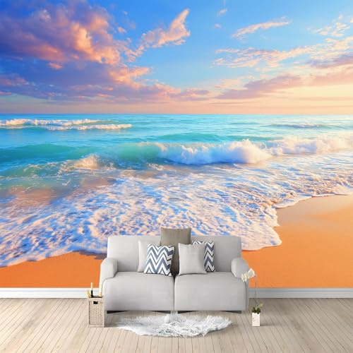 Papel Tapiz Fotográfico Efecto 3D Naturaleza Costa Playa, Azul Claro Papel Pintado Tejido No Tejido 150 x 105 cm (An x Al) - Decorativos Murales para Pared Salón y Dormitorio
