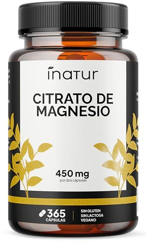 Citrato de Magnesio 365 Cápsulas Veganas | 450 mg de Magnesio Puro por 2 Cápsulas | 1.525mg de Citrato | Alta Biodisponibilidad | Para Músculos, Energía, Cansancio y Estrés | Inatur