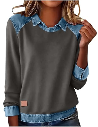 Ybing Maglione da donna Y2K patchwork jeans pulli personalità cowgirls felpa tinta unita risvolto a maniche lunghe camicia comoda top basic top sportivo, grigio scuro, M