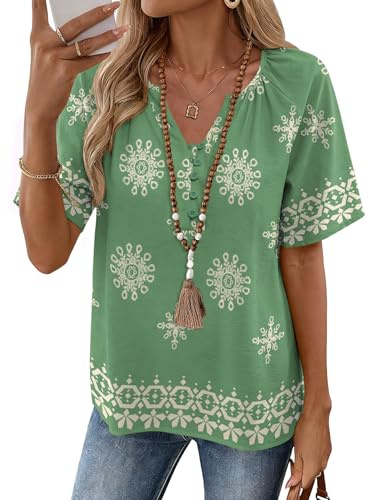 Rapbin Womens Summer Tops V Neck Short Sleeve Cotton Linen Blouse Boho Top | Breathable Buttons Elegant Shirts Dressy Casual Tunic Loose Fit