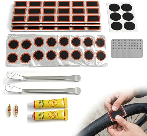SureFly Glueless Bike Puncture Repair Kit, Self-Adhesive Bicycle Tyre Patches with Metal Levers and Portable Case, Emergency Inner Tube Repair Tool Set for Mountain Bikes, Road Bikes, Motorcycles