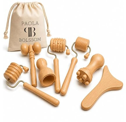 Set de 7 Piezas de Maderoterapia Facial en Madera de Haya Natural | Kit Masaje Facial con Mini Copa Sueca, Rodillo Contorno de Ojos, Tabla Facial y Herramientas de Drenaje | Rutina Facial y Bienestar