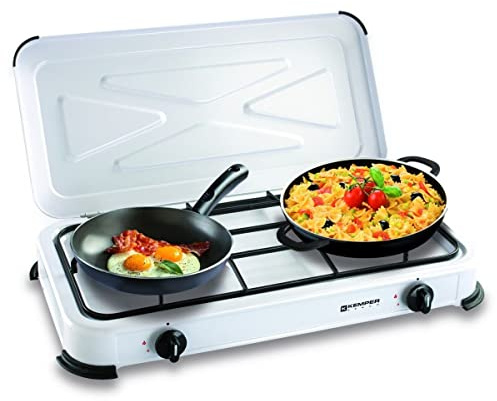KEMPER – Placa de cocción de gas, 2 luces portátil, 2600 W, tapa extraíble, color blanco – Hornillo para camping, conexión de botella de gas Butano/propano simple y segura