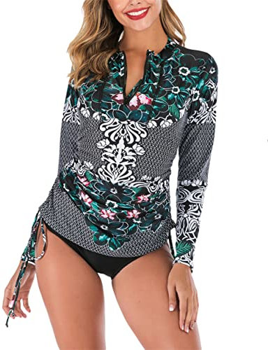 Damen Surf Shirt Bademode Rash Guard UV Shirts mit Lange Ärmel und Zip Up Schwimmen Tankini,Schwarz 2,M