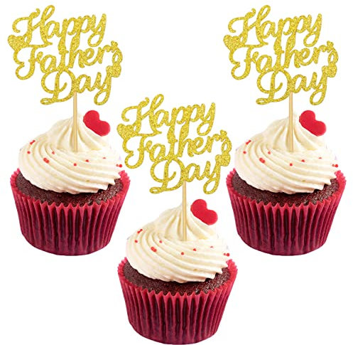 24 Pcs Happy Fathers Day Cake Topper, Gold Glitter Cupcake Picks Dad Cake Toppers Decoration for Father's Day Party Cake Decorations