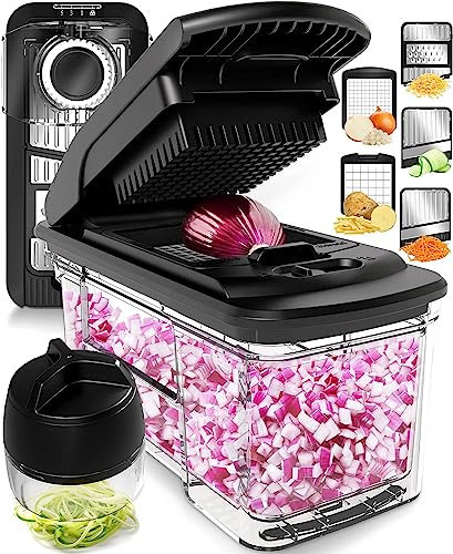 Multifuncional Cortador de Verdura Mandolina de Cocina Profesional - Manual Picador de Verduras Patatas Cebolla - Rallador Verduras y Queso - Gadgets Cocina (Todo-en-1 Inox Negro)