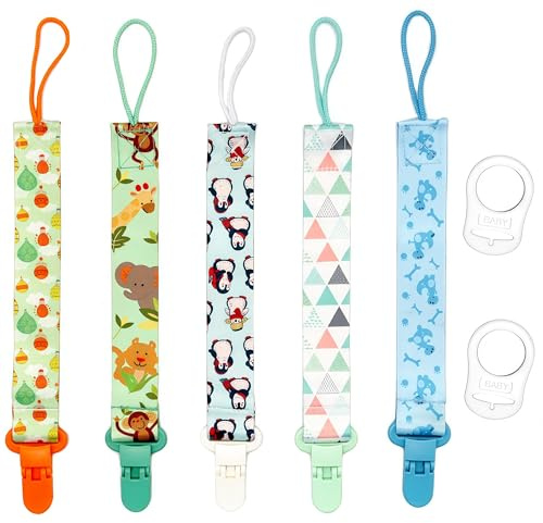 Lot de 5 Attache Attache Tetine Bébé, Attache Sucette Chaîne en Tissu avec 2Pcs Adaptateur de Sucette Convient aux Sucettes pour Bébé Essentiels pour Nouveau-né Baby Shower