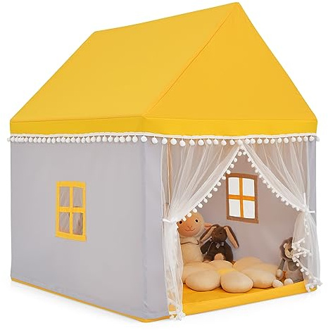 COSTWAY Lekstuga/barntält/lekhus för prinsessor, tygtält med massiv träram och bomullsfilt, barnlekslott för pojkar, saga, 120 x 105 x 140 cm (gul + grå)