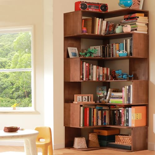 Vockol Bibliothèque d'angle, 190 cm Bibliothèque Organisatrice en Bois Massif, Étagère d'angle à 6 Niveaux, Grande Bibliothèque d'angle pour Salon, Chambre à Coucher et Bureau à Domicile, Noyer