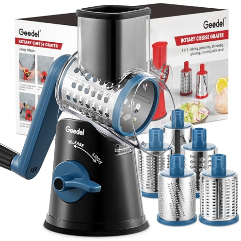 Geedel Rotary Cheese Grater Cheese Shredder - Upgraded 5-in-1 Cheese Grater with Handle and Strong Suction Base, Multi-purpose Vegetable Slicer Ice Shaver Nuts Grinder for Ice, Vegetables, Fruit, Nuts