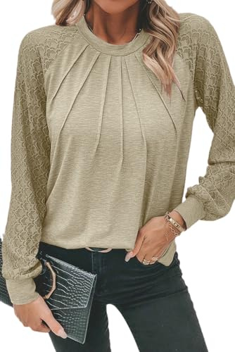 Chicrise Camicia Donna Elegante Scollo Rotondo Maglia Pizzo Maniche Lunghe Blusa Autunno Moda Beige Large 42-44