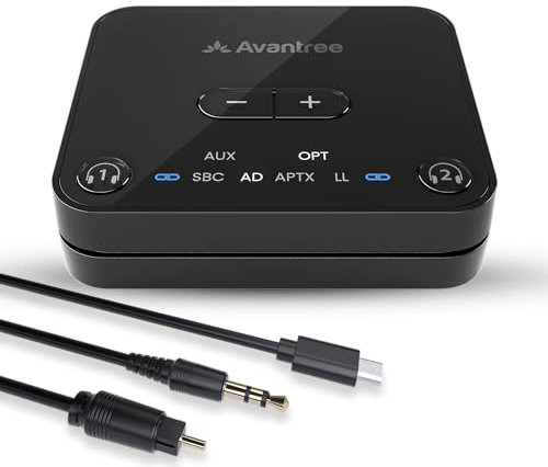 Avantree Audikast 3 - Transmisor Bluetooth 5.3 para TV con Puerto de Salida de Audio óptico o AUX, aptX-Adaptive, Conexión Dual para 2 Auriculares y Alcance de 30 Metros